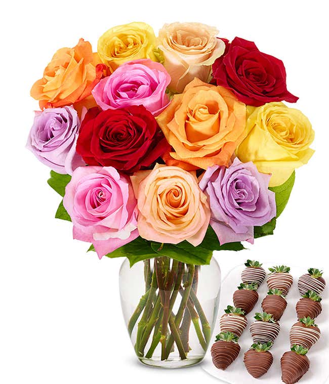 One dozen rainbow roses with one dozen chocolate covered strawberries.