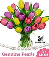 Spring tulip bouquet with pearl necklace