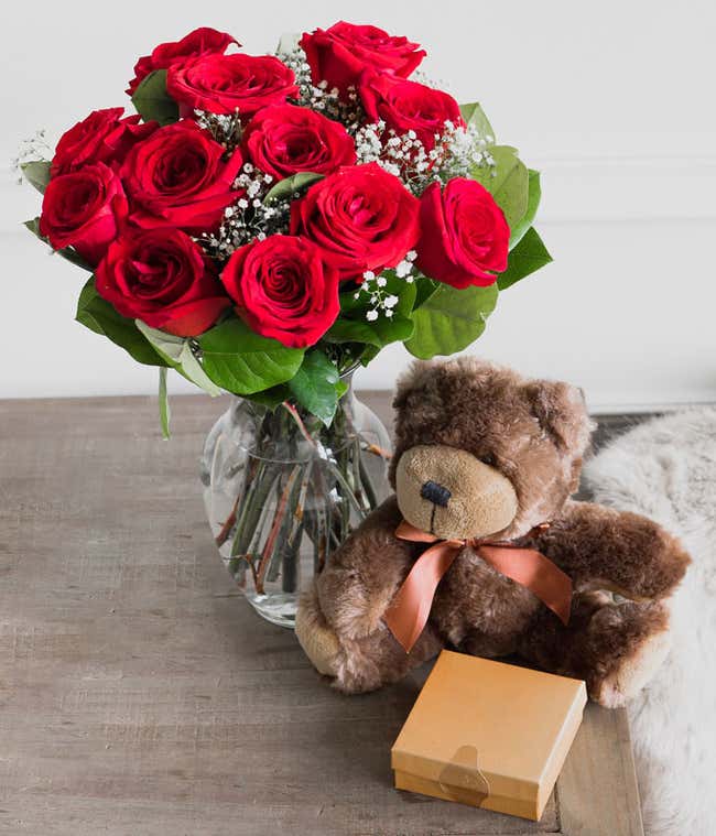 12 Long Stem Red Roses with Godiva &amp; Bear