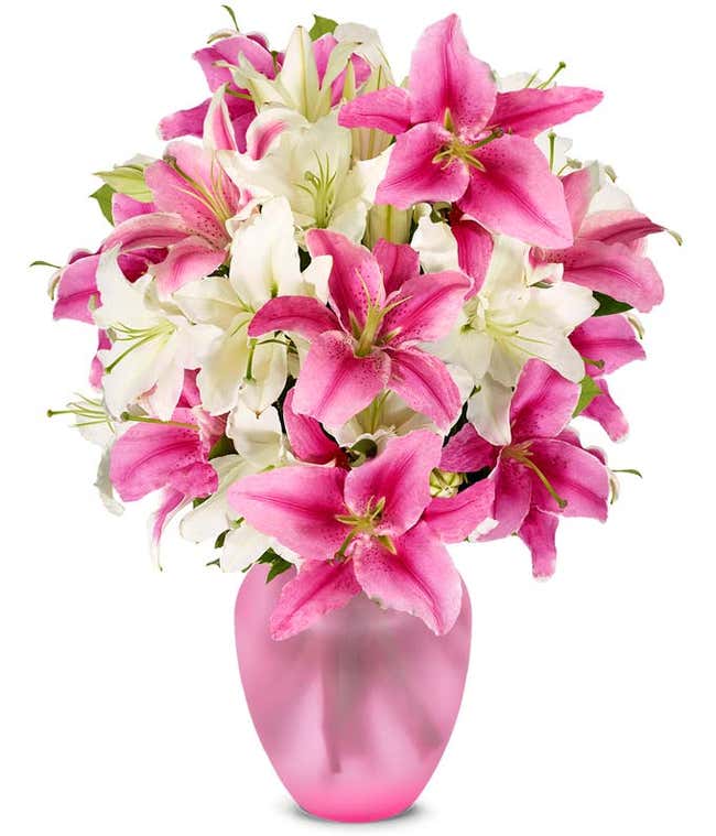 Premium Pink Lilies and White Lilies in Glass Vase
