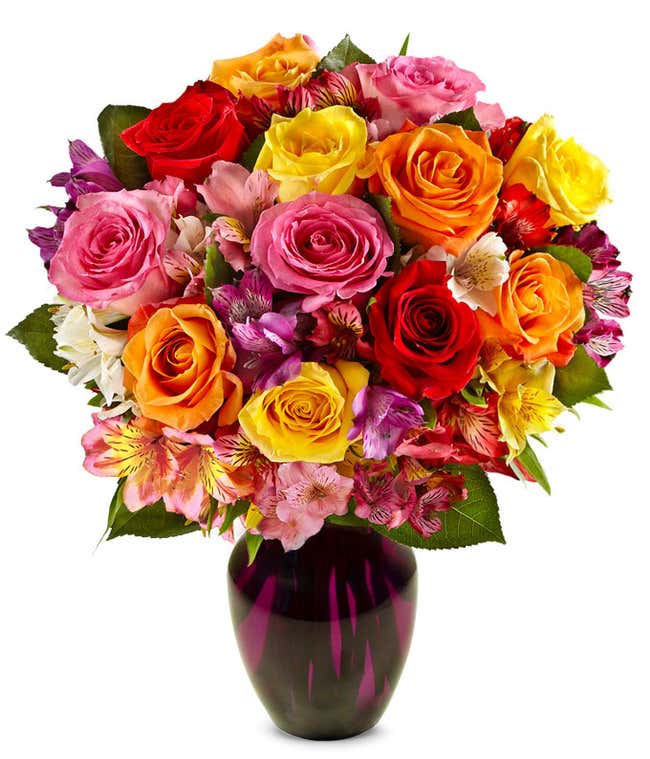 A bouquet of 12 mixed roses and alstroemerias, with an optional vase.