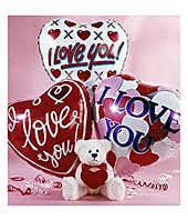 Three love you balloons with valentine teddy bear