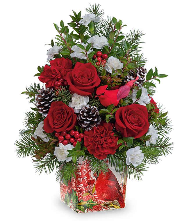 A festive arrangement with deluxe and premium red roses, premium red spray roses, red carnations, white miniature carnations, seasonal floral greens, cardinal and pinecone details, displayed in a keepsake cardinal cylinder vase.