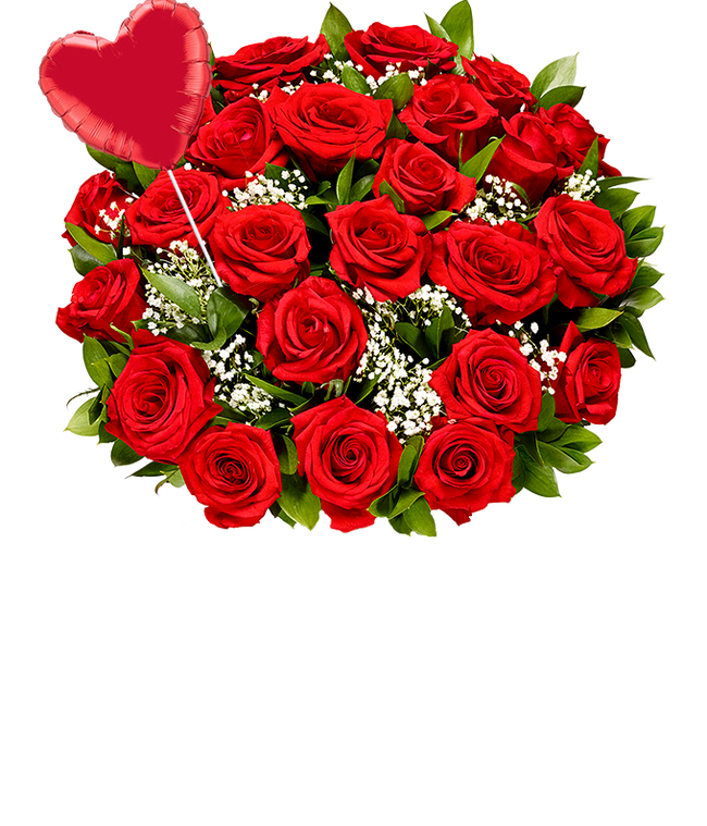 Partial image of Two Dozen Red Roses + Heart Eye Emoji Balloon without vase