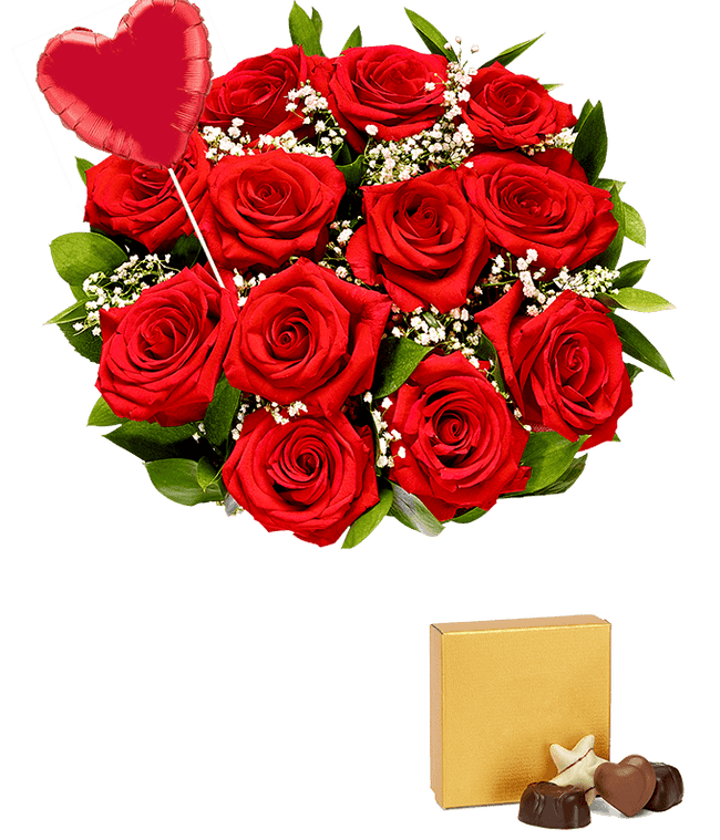 Partial image of One dozen red roses with a heart balloon and teddy bear without vase