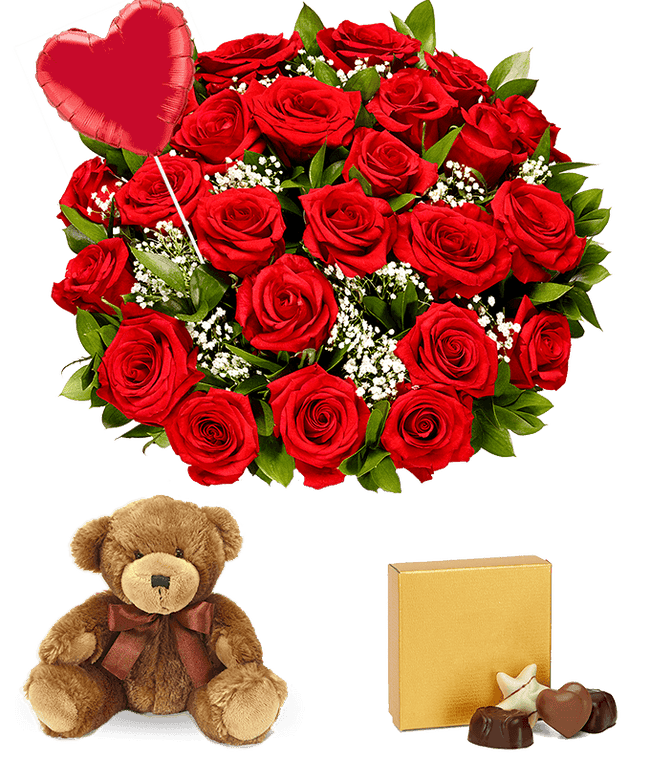 Partial image of Two Dozen Red Roses + Heart Eye Emoji Balloon + Chocolate + Bear without vase