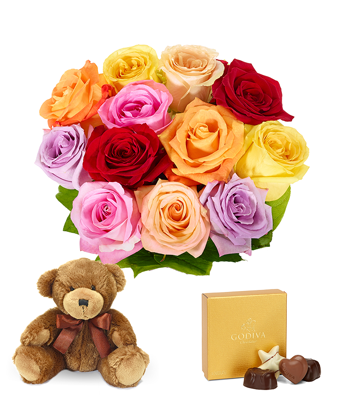 Partial image of One Dozen Rainbow Roses + Chocolate + Bear without vase