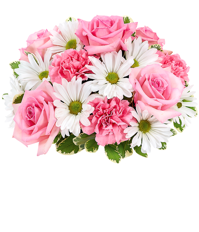 Partial image of Floral arrangement featuring pink roses, white daisies, and pink carnations, optionally in a vase. without vase
