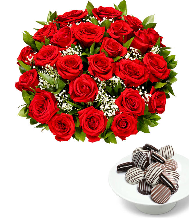 Partial image of Two Dozen Roses with Chocolate Drizzled Oreos without vase