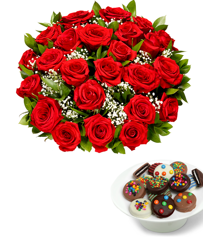 Partial image of Two Dozen Roses with Celebration Chocolate Oreos without vase