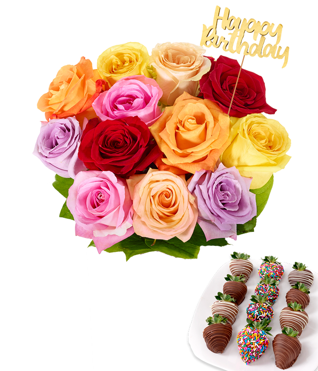Partial image of Assorted color roses with a gold pick saying Happy Birthday without vase