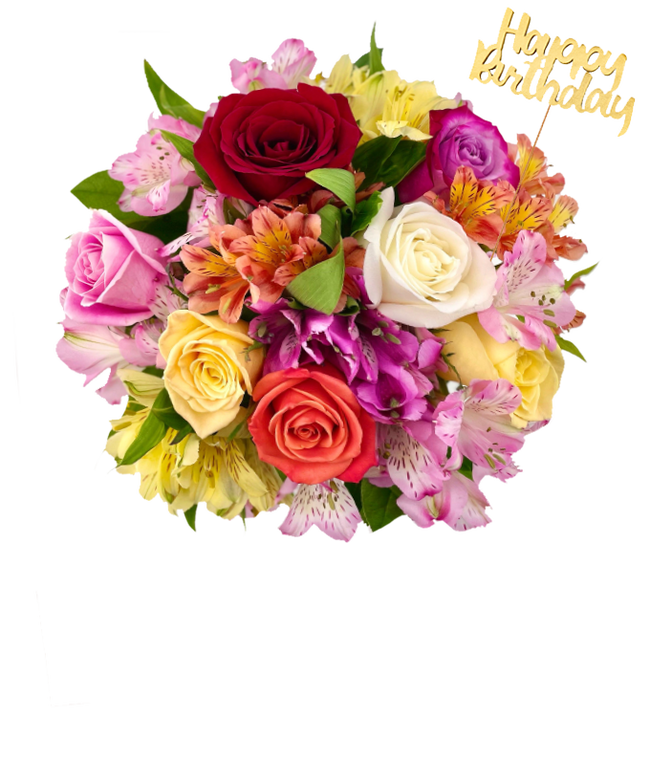 Partial image of Roses and alstroemeria arranged in assorted colors without vase