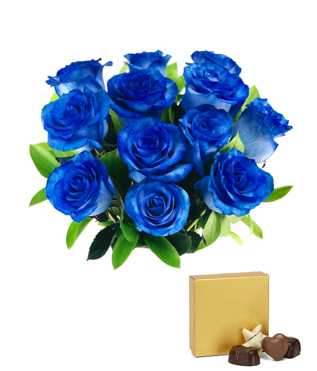 Partial image of One Dozen Blue Roses with Chocolates without vase