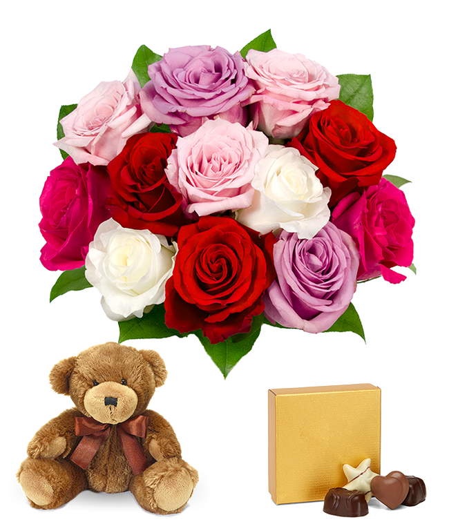 Partial image of Purple roses, white roses, pink roses and red roses without vase