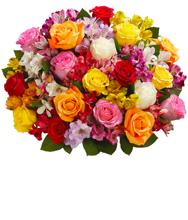 Partial image of A bouquet featuring mixed roses and alstroemerias, with an optional vase. without vase